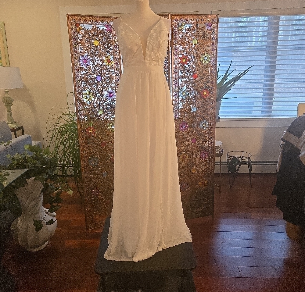Bridal Floral Applique White Full Length Maxi Dress Whimsical Fairycore Large